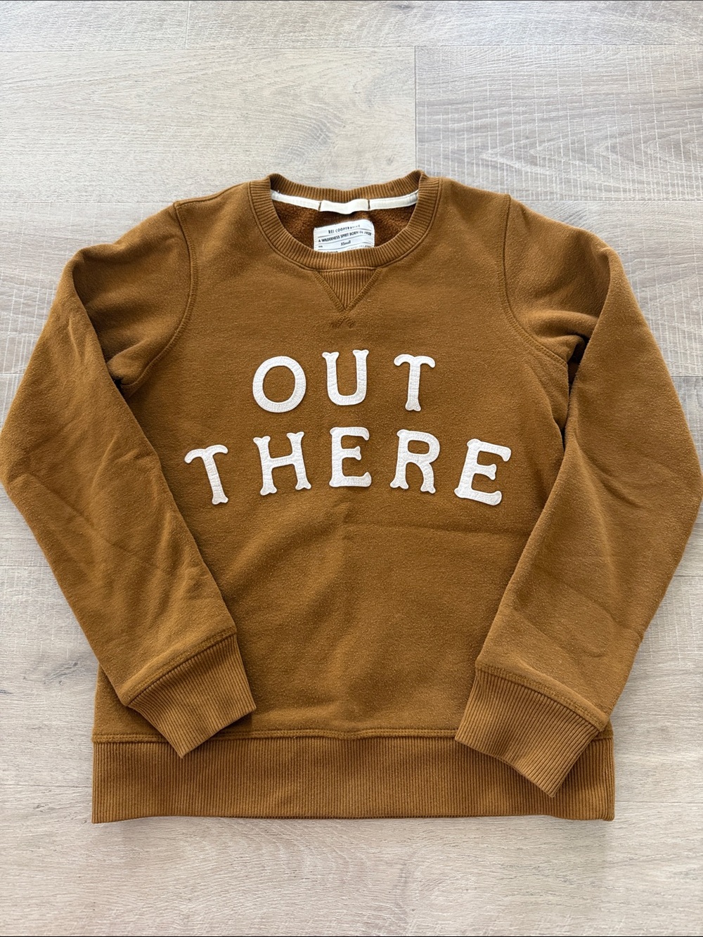 REI CO-Op women’s Crewneck Sweater in Brown with White 'OUT THERE'  Appliqué XS